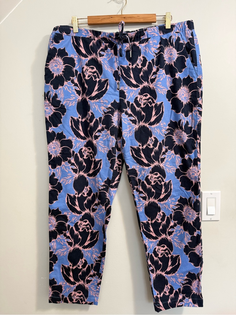 Wildfang Blue Floral Print Jogger Trousers with Pink and Black Accents